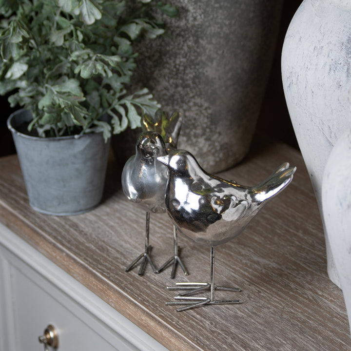 Set of Two Resin Birds in Silver Finish