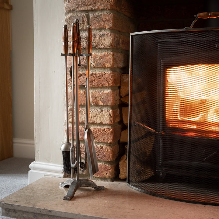 Fire Companion Set In Pewter With Wooden Handles