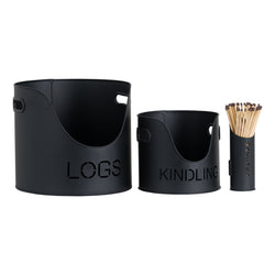 Black Finish Logs, Kindling Bucket & Matchstick Holder