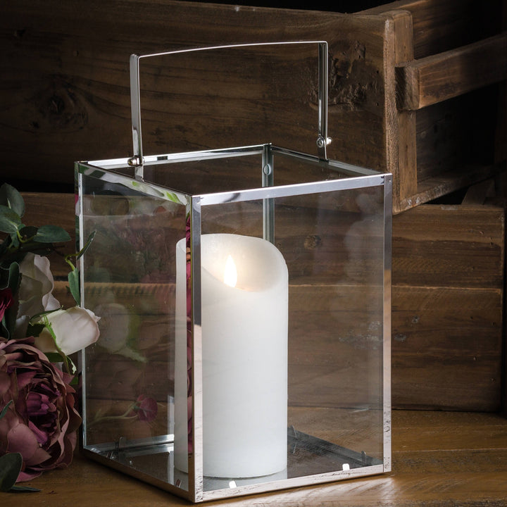 Silver Cube Contemporary Lantern With Wax Led Candle