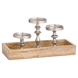 Wooden Display Tray With Three Candle Holders